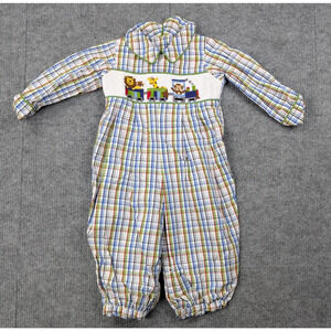 Zuccini Smocked Romper One Piece Baby Boy 9M Zoo Animals Train Novelty Plaid